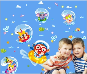 Cartoon monkey and elephant surfing wall decals for kids room in nautical blue theme