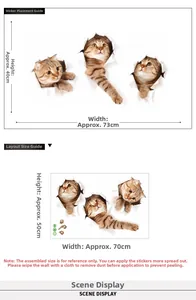 3D cat wall stickers showing layout dimensions and post-application display results