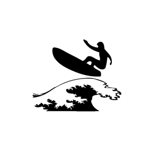 Detail of minimalist black silhouette surfing wall sticker showing a surfer on a wave