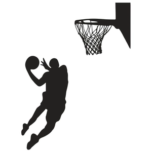 Détail d'un sticker mural noir minimaliste silhouette de basket avec panier et athlète