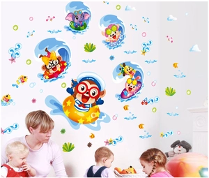 Cartoon animal wall stickers featuring surfing monkeys and elephants for kids' room decor