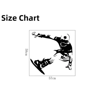 Detailed dimension drawing showing a 57x58cm snowboarder wall decal for home decor