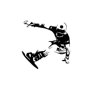 Detailed view of black silhouette sticker showing a snowboarder jumping in the air