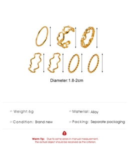 Detailed size specifications for 7pcs gold alloy vintage heart midi ring set for women