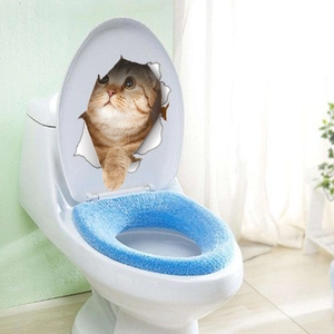Creatieve 3D-wc-sticker met bruine gestreepte kat en realistisch effect van een gat