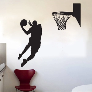 Sticker mural basket noir avec silhouette d'athlète et panier pour décor de chambre