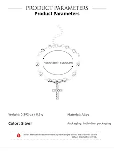 Detailed view of silver pearl bracelet with cross pendant and 5cm extension chain