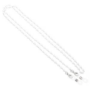 Detail of white faux pearl eyewear chain with silver lobster clasps and silicone loops