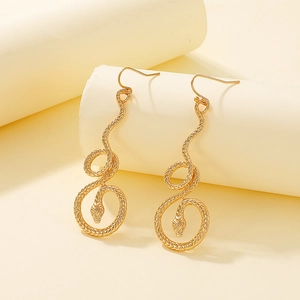 Retro twisted gold snake drop earrings for women with detailed scale texture and hook design