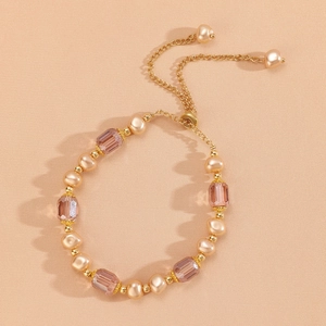 Elegant baroque pearl bracelet with purple crystal gemstones and gold hardware for women