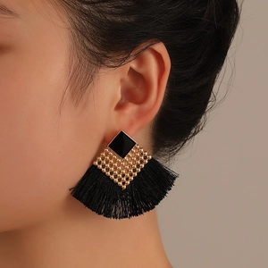 Bohemian fan-shaped tassel earrings with black resin top and golden bead weaving