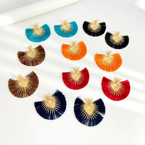 Bohemian fan-shaped tassel earrings set with gold metal sunburst stud in various colors