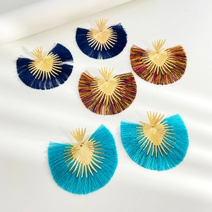Bohemian gold tassel fan earrings set in navy blue, multicolor, and lake blue tones