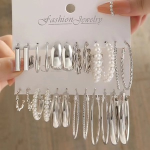 Set of 6 pairs vintage silver alloy hoop earrings with pearls and geometric studs