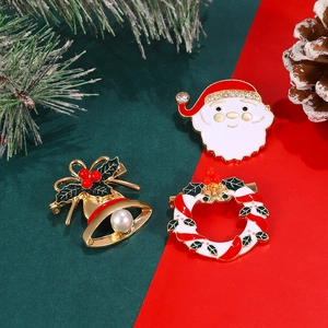 Christmas Enamel Brooches Alloy Rhinestone Artificial Pearl Santa Claus Tree Snowman Wreath Bell Holiday Fashion Jewelry Accessories
