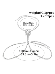 Silver scorpion body chain detail with 90.3g weight and adjustable link dimensions