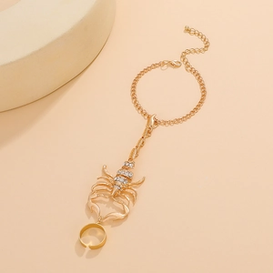 Vintage gold scorpion hand harness bracelet with sparkling white rhinestones for women