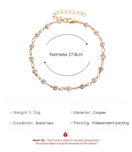 Detail view of double-layer copper anklet with crystals showing 27.8cm perimeter and 3.74g weight