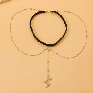 Boho Schmetterling Körperkette mit schwarzem Choker und goldener Perlen-Halskette