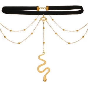 Schwarzes Samt-Choker mit goldener Kette und Schlangenanhänger für Damen