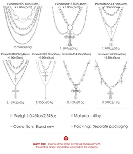 Detailed size chart showing circumference and weight for multi-layer cross pearl necklaces