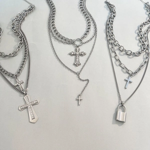 Vintage multi-layer silver alloy necklace featuring pearl, cross pendants and a square lock
