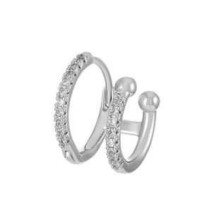 Detail view of silver dual-hoop earrings featuring pavé rhinestones and a polished finish