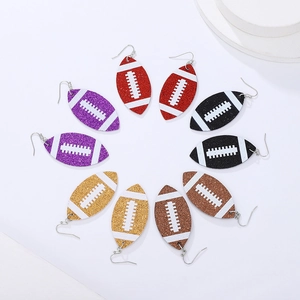 Colorful glitter football earrings set in red purple gold black and brown leather