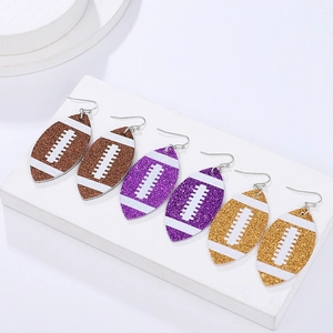 Glittery rugby-themed dangle earring set in brown, purple, and gold sequin leather