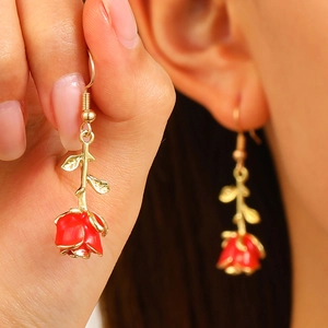 Vintage Alloy Rose Flower Stud Earrings For Women Rhinestone Enamel Floral Dangle Earrings Romantic Wedding Party Jewelry Gift