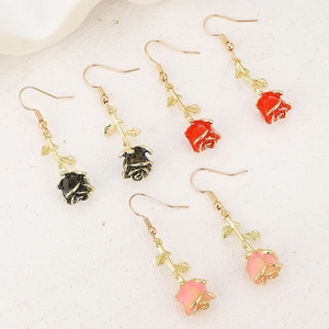 Set of vintage rose earrings in black, red and pink enamel with gold leaf accents