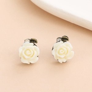 Vintage cream rose earrings with bronze metal leaves and a crystal stone accent