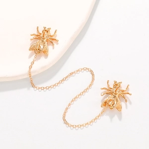 Elegant gold bee stud earrings with delicate hanging chain and polished metallic finish