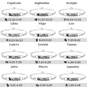 Set of 12 zodiac signs stainless steel bracelets with engraved names and dates on silver bars