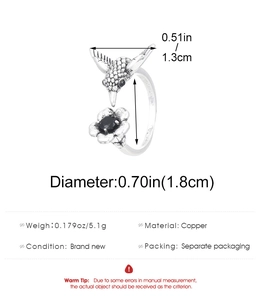 Detailed view of hummingbird flower ring showing 1.8cm diameter and 5.1g weight specs