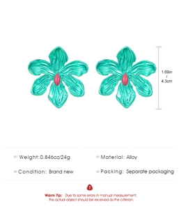 Detail specifications of oversized alloy flower earrings in turquoise with pink accents