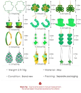 Guía de tallas de pendientes de trébol para San Patricio con dimensiones y pesos de aleación
