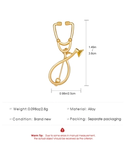 Detailed size specifications and weight info of the gold stethoscope enamel brooch pin