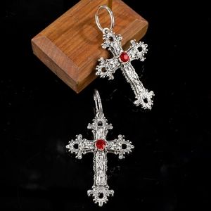 Gothic silver cross earrings with red crystal stone and baroque flower vine textures