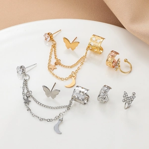 Vintage Set mit Schmetterling- und Stern-Mond-Ohrringen und Quasten-Ohrklemmen