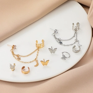 Chices 4er-Set Strass-Schmetterling-Ohrklemmen mit Stern-Mond-Kette in Gold und Silber