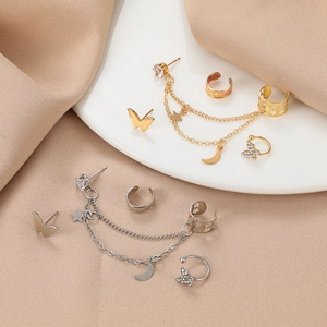 Schickes 4er-Set Strass-Schmetterling-Ohrclips und Stern-Mond Quasten-Kettenohrringe