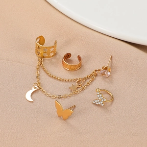 Goldenes Schmetterlings- und Stern-Mond-Ohrring-Set mit glitzernden Strasssteinen für Damen