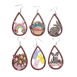 Orecchini a Goccia in Legno di Pasqua con Coniglio Dipinto Motivo Leopardato Floreale Arcobaleno Orecchini Pendenti Donna