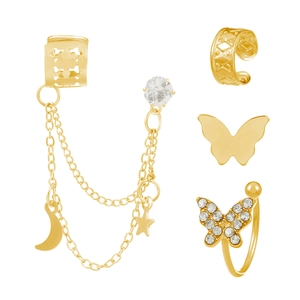 Fünfteiliges goldenes Schmetterling-Ohrring-Set mit Mond-Stern-Quasten und Strasssteinen