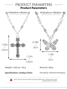 Especificaciones de tamaño para collares góticos plateados con cruz y mariposa