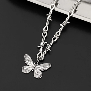 Collar de Cadena de Alambre de Púas Gótico para Mujer Aleación Plata Antigua Colgante Mariposa Cruz Joyería Punk Grunge Regalo