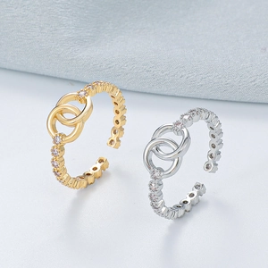 Polished double loop adjustable rings in gold and silver finish with zircon stones