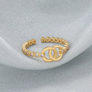 Golden double interlocking circle ring with zircon micro-pave in minimalist style