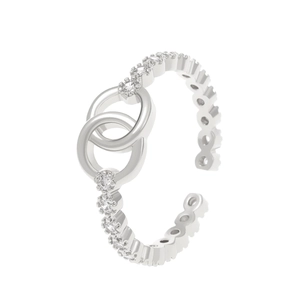 Silver adjustable double interlocking ring with pavé round cubic zirconia accents